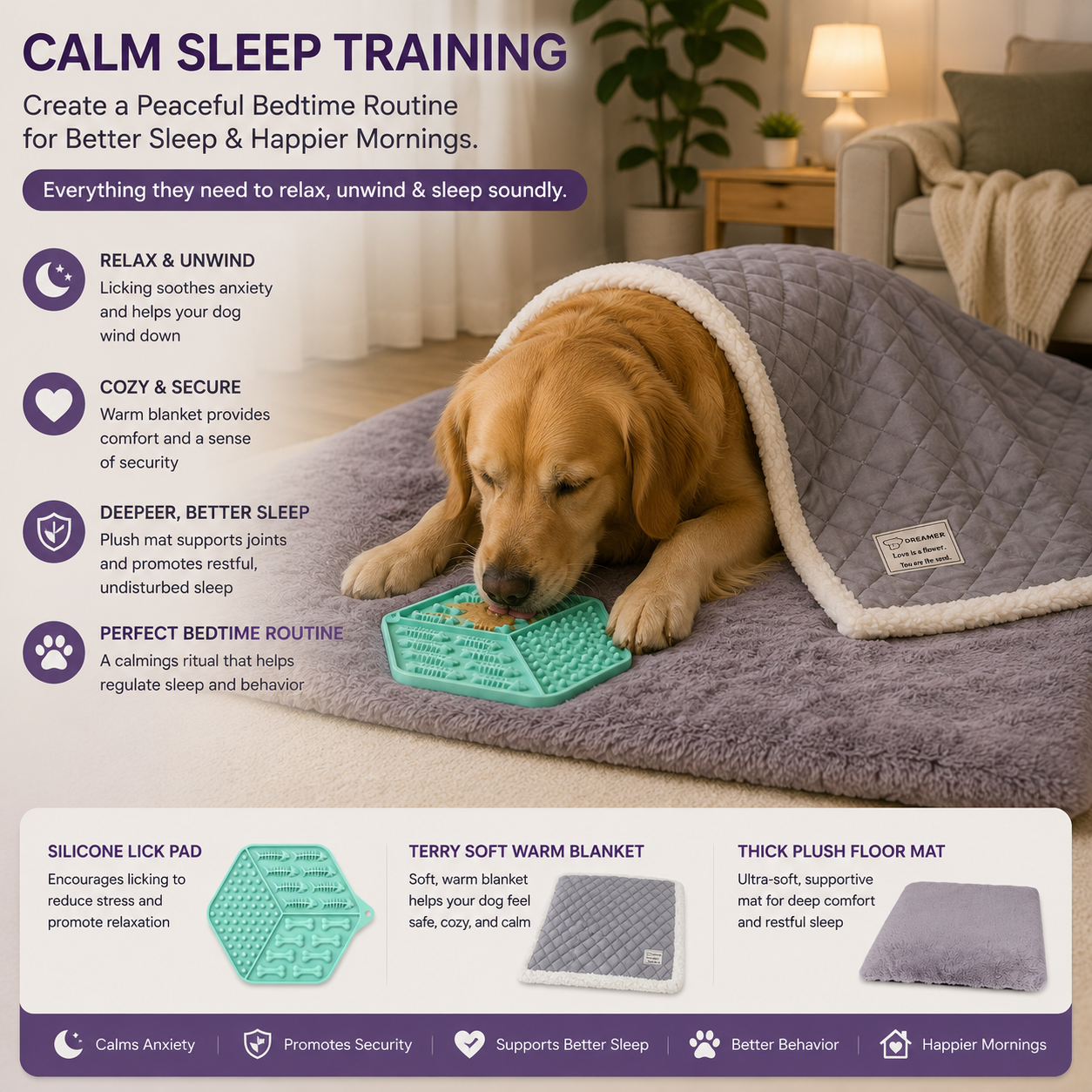Calm & Sleep Training Bundle | Thick Plush Dog Mat, Quilted Blanket & Silicone Lick Pad