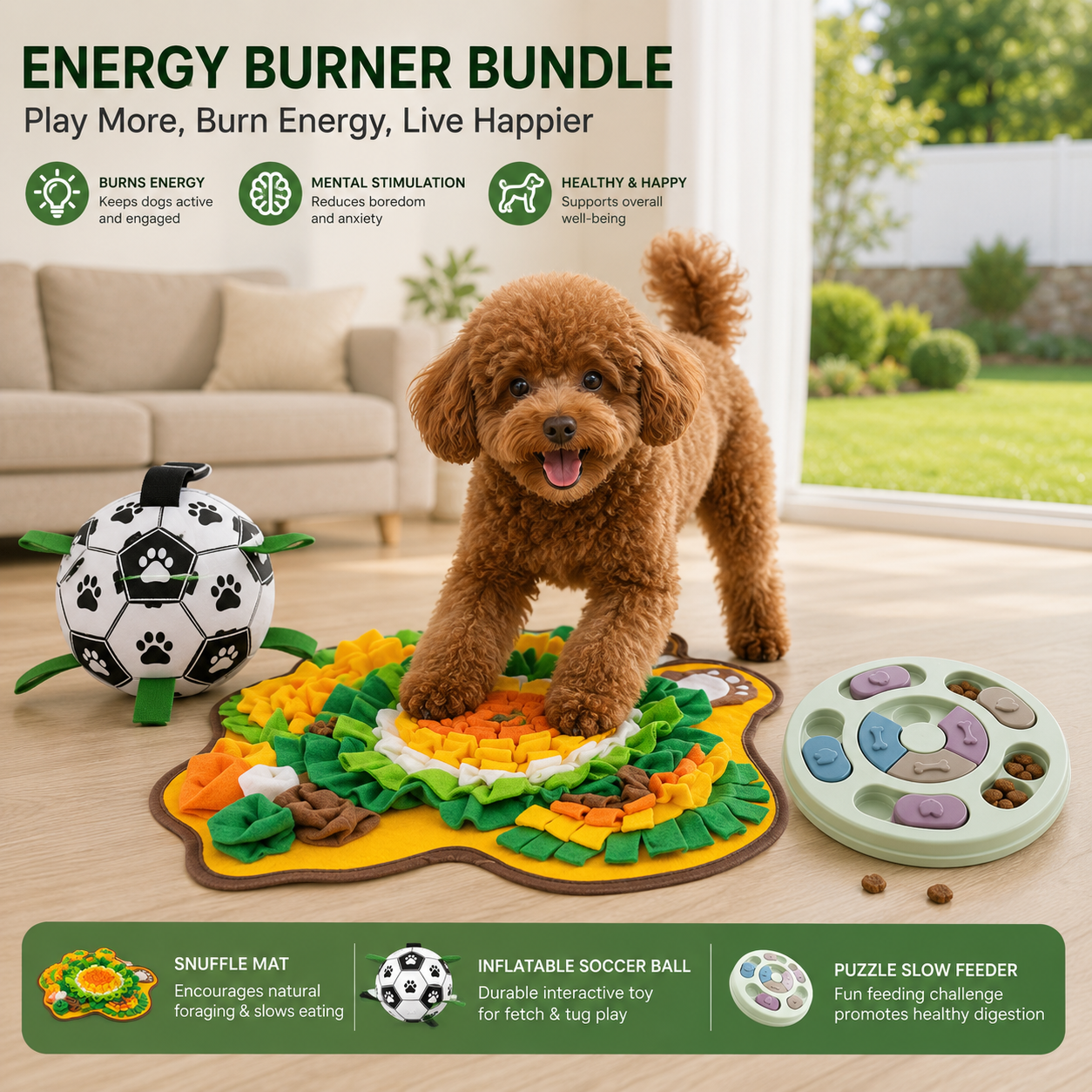 Energy Burner Box | Puzzle Slow Feeder, Flower Snuffle Mat & Inflatable Dog Soccer Ball for Dogs