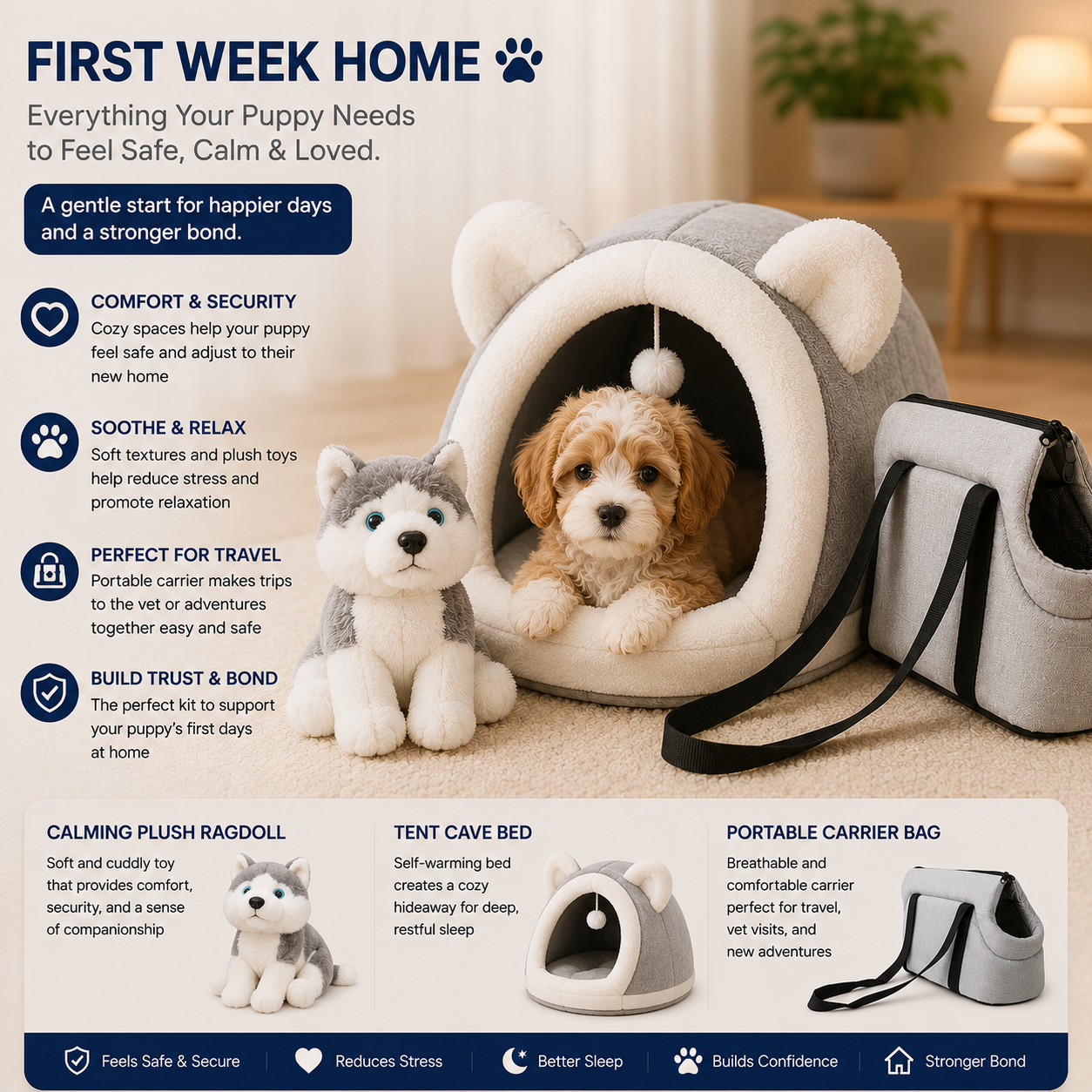 First Week Home Comfort Kit | Calming Plush Ragdoll Toy, Dog Tent Cave Bed & Portable Mesh Carrier Bag
