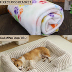 First Month Home Bundle| Calming Dog Bed, Paw Print Fleece Dog Blanket