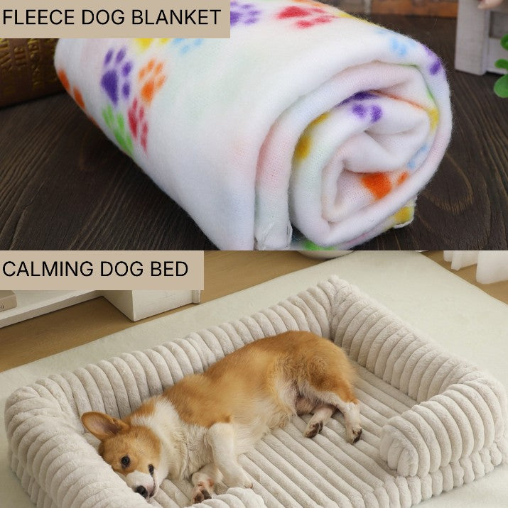 First Month Home Bundle| Calming Dog Bed, Paw Print Fleece Dog Blanket