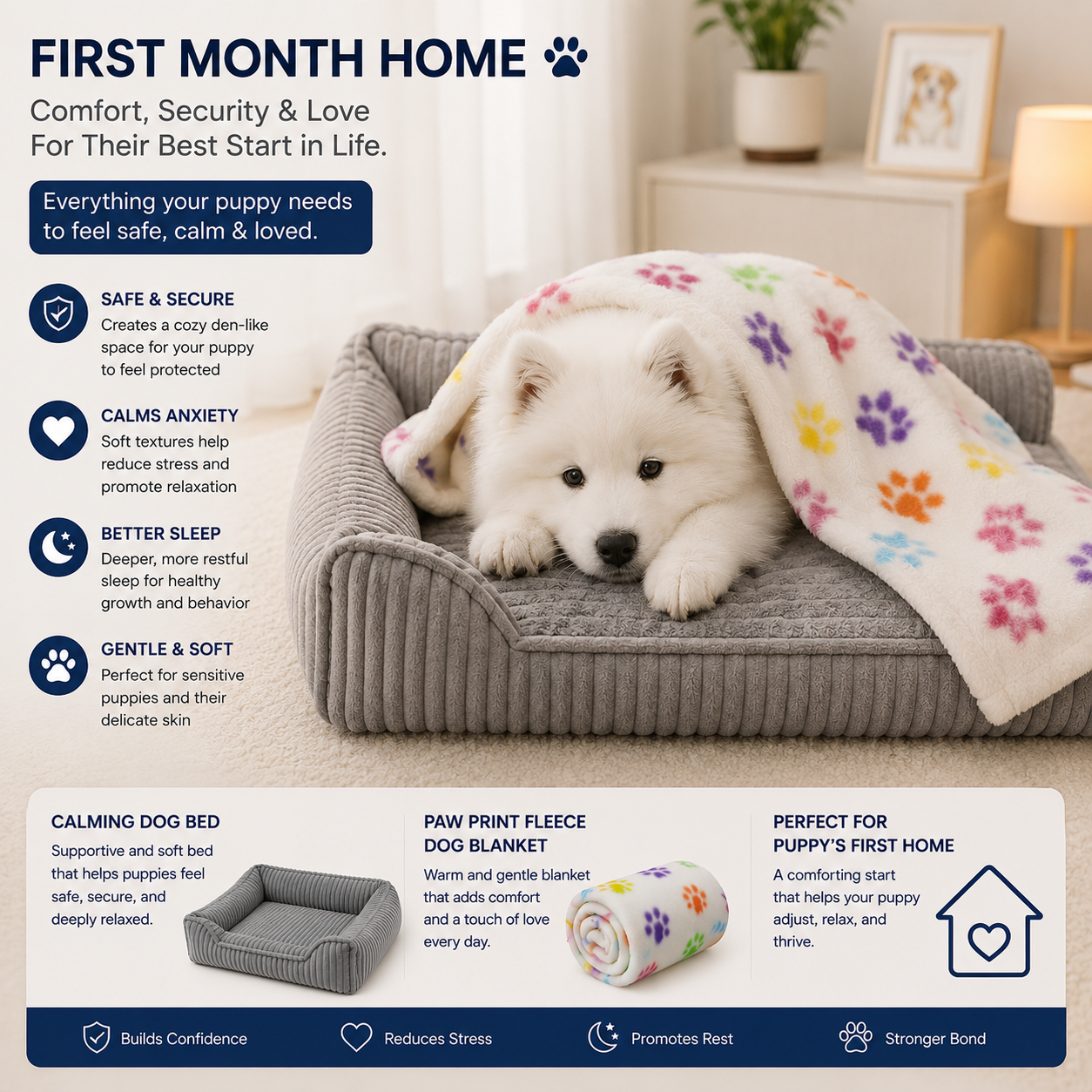 First Month Home Bundle | Calming Dog Bed & Paw Print Fleece Dog Blanket