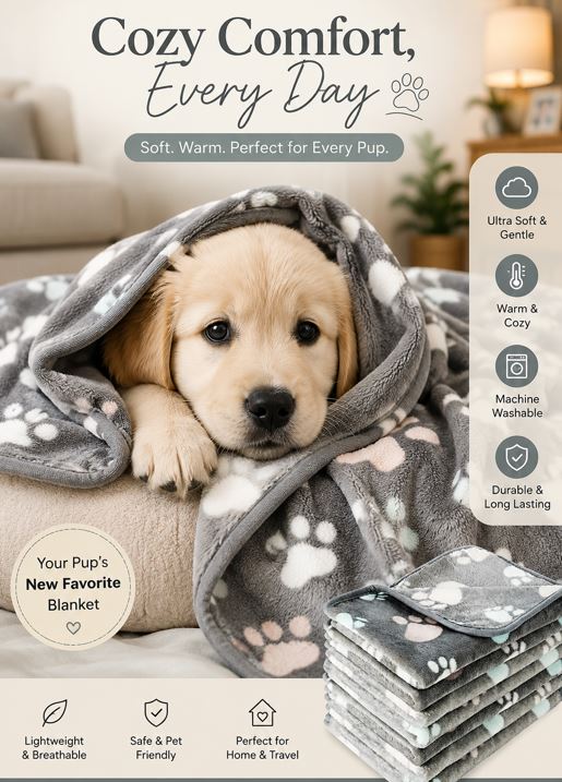Paw Print Coral Fleece Dog Blanket | Soft Warm Dog Blanket