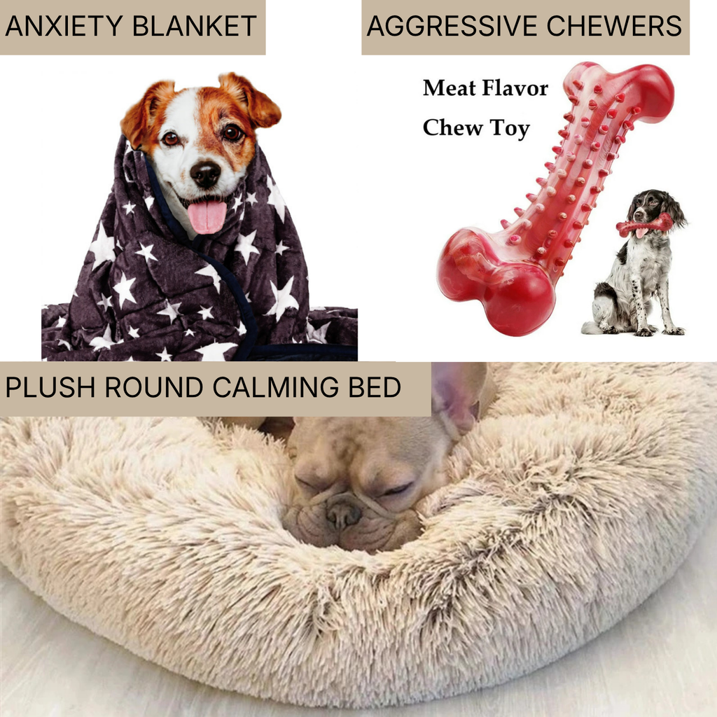Home Alone Anxiety Kit | Plush Round Calming Bed, Anxiety Blanket & Natural Rubber Chew Toy