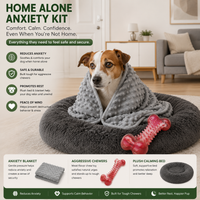 Home Alone Anxiety Kit | Plush Round Calming Dog Bed, Anxiety Blanket & Natural Rubber Chew Toy