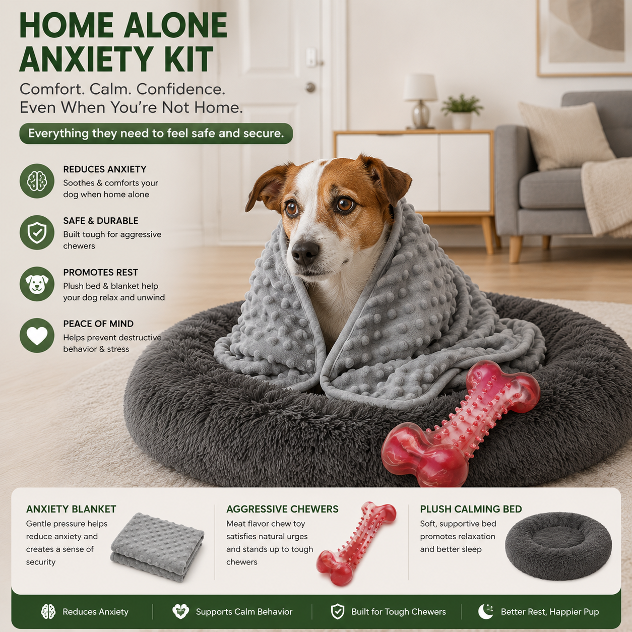 Home Alone Anxiety Kit | Plush Round Calming Dog Bed, Anxiety Blanket & Natural Rubber Chew Toy
