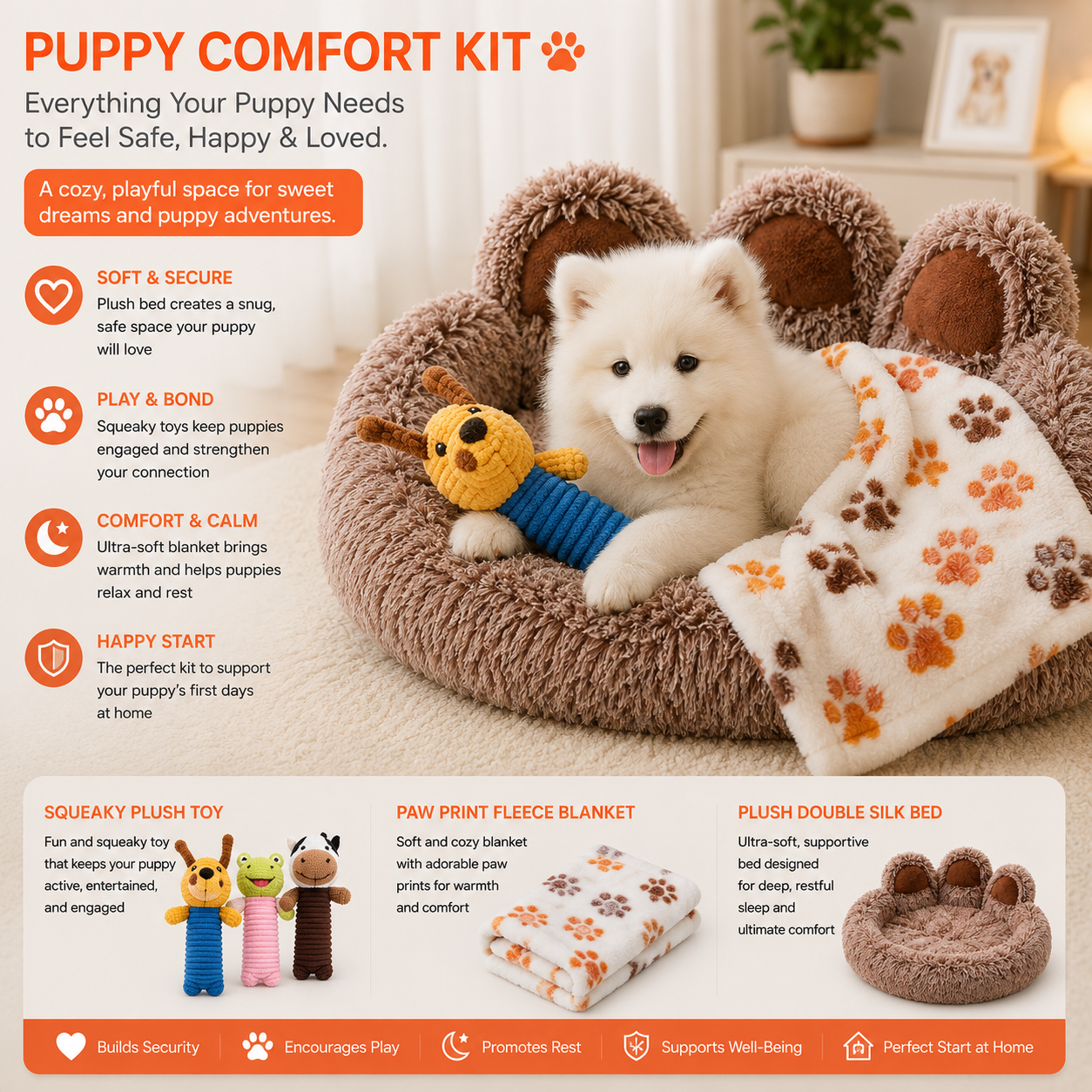 Puppy Comfort Kit | Squeaky Plush Dog Toy, Coral Fleece Blanket & Double Silk Nest Bed
