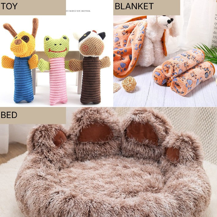 Puppy Comfort Kit | Squeaky Plush Toy, Paw Print Coral Fleece Blanket & Plush Double Silk Nest Bed