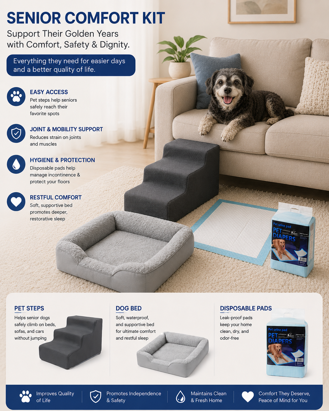 Senior Dog Comfort Kit | Waterproof Dog Bed Sofa, Folding Pet Steps & Deodorizing Dog Diapers