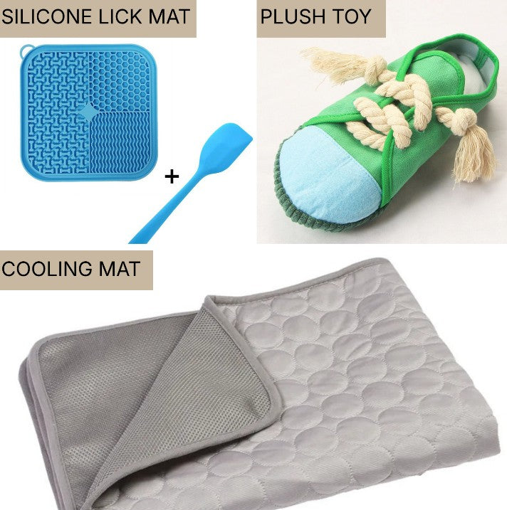 The Pup Anxiety Kit  | Cool Core Mat, Silicone Lick Mat & Slipper Plush Dog Toy