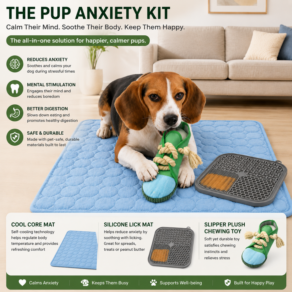 Pup Anxiety Kit | CoolCore Mesh Mat, Silicone Lick Mat & Slipper Plush Dog Toy for Dogs