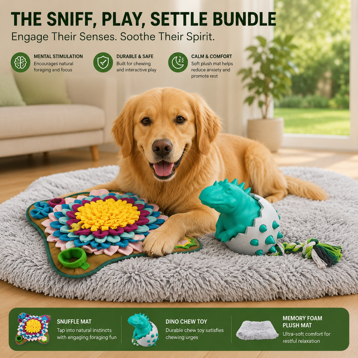 Sniff, Play & Settle Kit | Dog Snuffle Mat, Dino Rope Chew Toy & Memory Foam Dog Mat