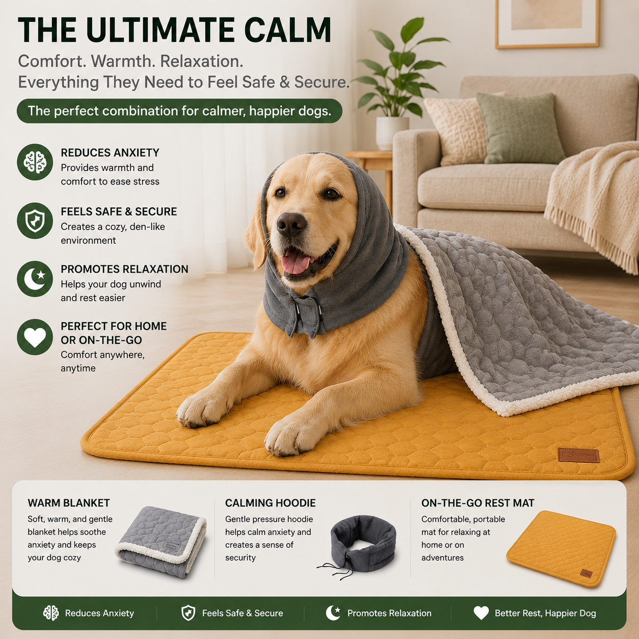 Ultimate Calm Bundle for Dogs | On-the-Go Rest Mat, Warm Dog Blanket & Calming Dog Hoodie