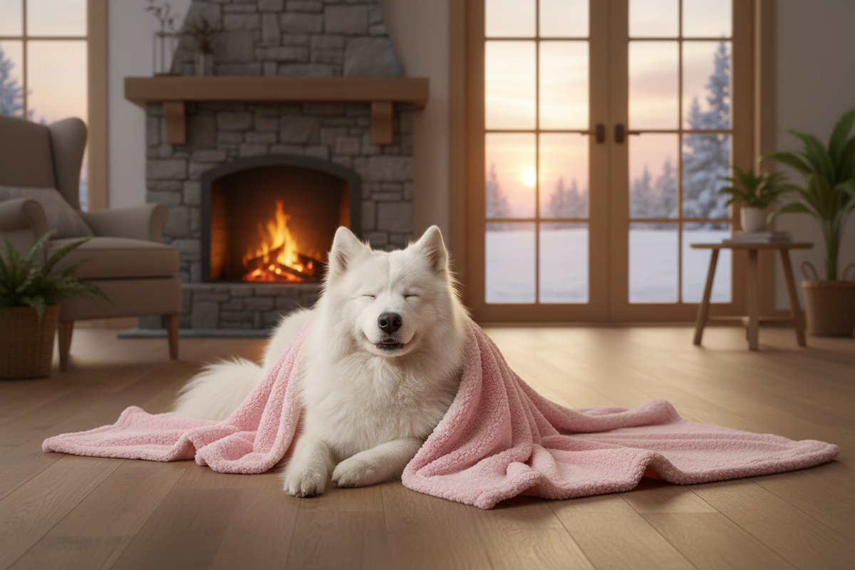 Samoyed resting on a pink sherpa blanket in a cozy winter cottage living room